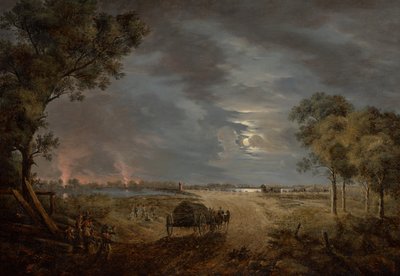 Vista da ponte de passagem do exército francês para Lobau (cena nocturna com luar) de Joseph Rebell