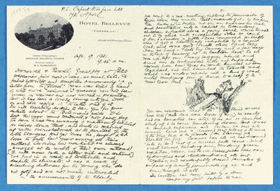 Carta autografada para o Coronel HW Feilden, Hotel Bellvue Cannes, 9 de abril de Joseph Rudyard Kipling