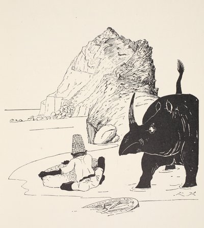 O Parsee começando a comer seu bolo na ilha desabitada, ilustração de "apenas assim histórias para crianças pequenas" por Rudyard Kipling, pub. Londres, 1951 de Joseph Rudyard Kipling