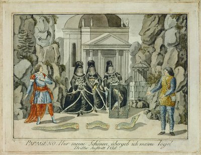 Tamino e Papageno com as três damas ... (gravura) de Joseph Schaffer
