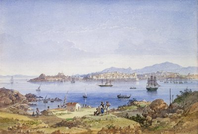 Corfu da Ilha de Vido, c.1845 (wc sobre lápis sobre papel) de Joseph Schranz