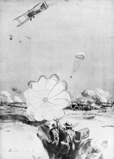 Avião fornecendo munição para a linha de frente britânica, Primeira Guerra Mundial, 1914-1918 1926 de Joseph Simpson