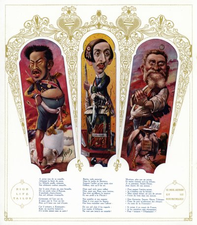 Caricaturas: Meiji Imperador do Japão; Maurice Barres, escritor francês e político nacionalista; Jean Jaures, político francês (cor litho) de Joseph Sirat
