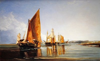 Uma barcaça totalmente carregada sob a vela (óleo sobre painel) de Joseph Stannard