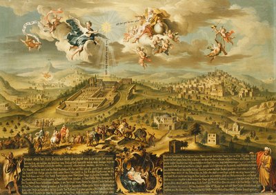 Vista de Belém com a Jornada dos Reis Magos, a Trindade Acima e a Natividade em uma Cartela Pintada Abaixo, 1752 de Joseph Stephan