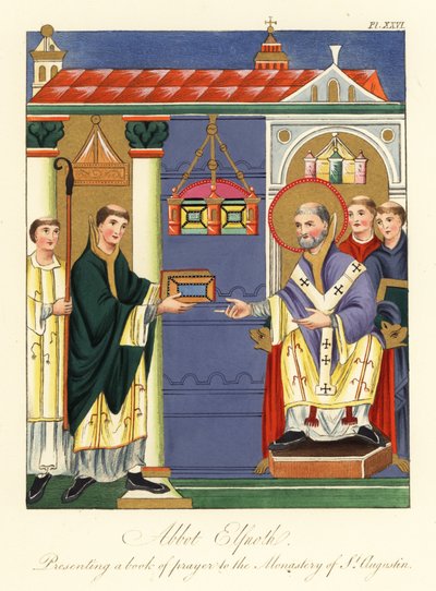 Abbot Elfnoth apresentando um livro a Santo Agostinho,1858 (gravura) de Joseph Strutt