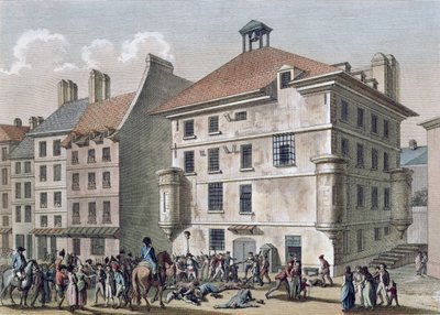 Os Massacres de Setembro: O Massacre na Prisão Abbaye perto de St. Germain des Pres, 2 - 5 de setembro de 1792, gravado por Reinier Vinkeles (1741-1816) e Daniel Vrydag (1765-1822) (gravura colorida de Joseph Swebach Desfontaines