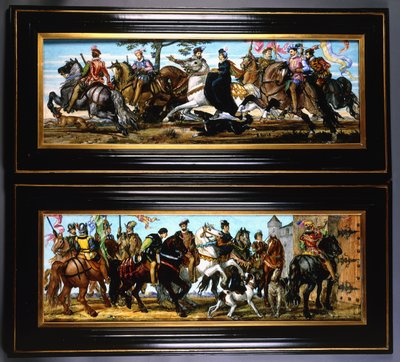 Um par de placas de cerâmica na parede, representando cenas medievais de caçadores com cães de Joseph Theodore Deck