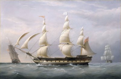 O navio "Britannia" da Companhia das Índias Orientais, visto de três ângulos, regressou de Barbados. Óleo sobre tela de Joseph Walter