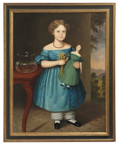 Retrato de Amy Philpot em um vestido azul com boneca e peixinho de Joseph Whiting Stock