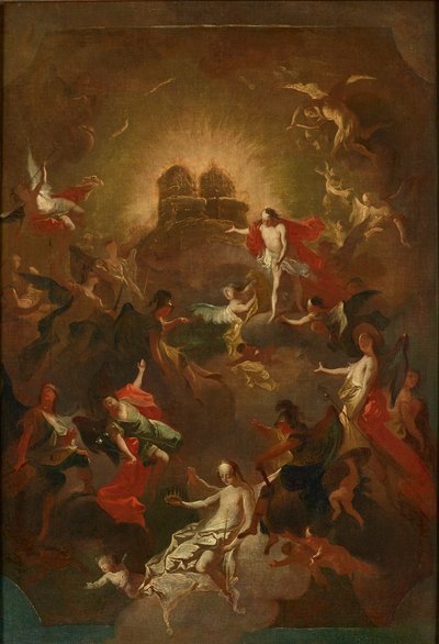 Cristo e os nove coros de anjos esperam Maria diante do seu trono e do seu trono de Joseph Winterhalder d. J.