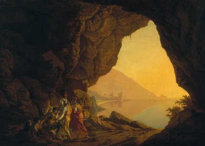 Uma Gruta no Reino de Nápoles, com Banditti, exh. 1778 de Joseph Wright of Derby