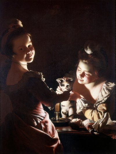 Penso o gatinho, c.1768-70 (óleo sobre tela) de Joseph Wright of Derby