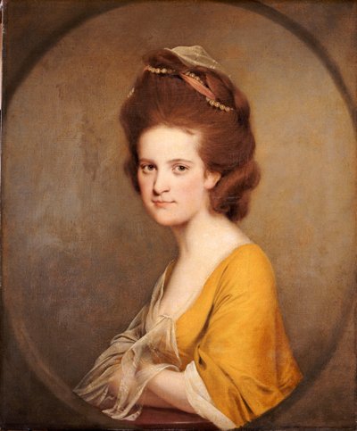 Retrato de Dorothy Hodges, metade do comprimento, em um vestido amarelo de Joseph Wright of Derby