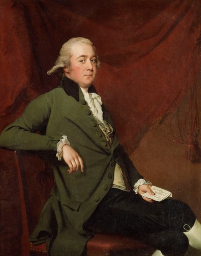 Retrato de Edward Abney, sentado três quartos, com um casaco verde, segurando uma carta contra uma cortina vermelha, final dos anos 1780 de Joseph Wright of Derby