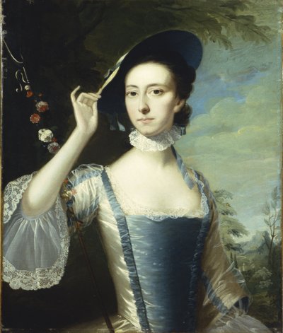 Retrato de uma senhora por uma guirlanda de flores, em uma paisagem de Joseph Wright of Derby