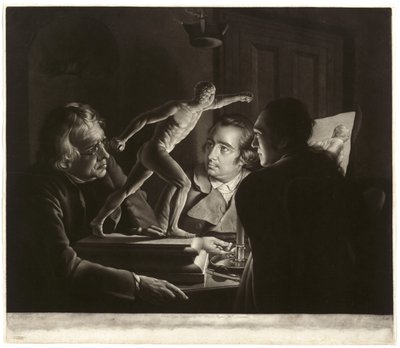 Três pessoas vendo o gladiador à luz de velas, gravada por William Pether, 1769 de Joseph Wright of Derby