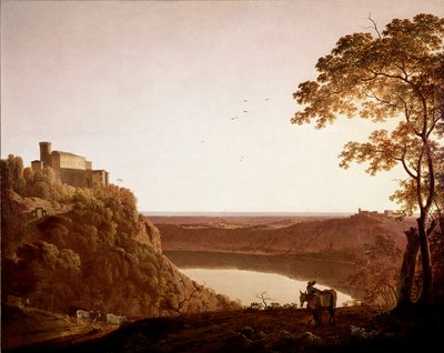 Vista do Lago Nemi ao anoitecer Pintura de Joseph Wright dit Wright de Derby (1734-1797) de Joseph Wright of Derby