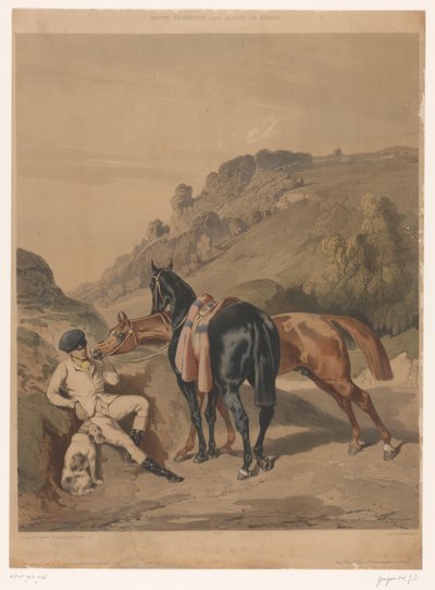 Dois cavalos com cavaleiro em repouso numa paisagem
Cavalos depois de Alfred de Dreux (título da série)
Motifs équestres d