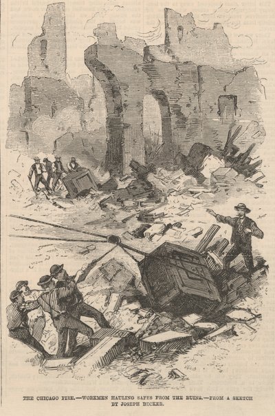 Trabalhadores, transportar, cofres, de, a, ruínas, ilustração, de, frank leslies, ilustrado, jornal, 1871 de Joseph after Becker