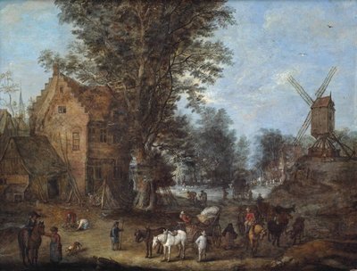 Uma cena de aldeia com viajantes e carroceiros e muitas outras figuras nas suas actividades diárias de Joseph van Bredael