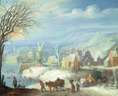 Paisagem de inverno com numerosas figuras (painel) de Joseph van Bredael