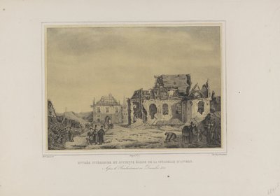 Poort en kerk in de Citadel van Antwerpen, 1832 Entrada interior e antiga igreja da Cidadela de Antuérpia. Após o bombardeio em dezembro de 1832 (título no objeto) Álbum de sete vistas das Ruínas do interior da Cidadela de Antuérpia (título da série) de Joseph van den Nest