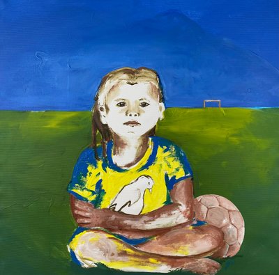 Mädchen mit Taube (Rapariga com pomba), 2022 (tinta acrílica sobre tela) de Josephine Henning
