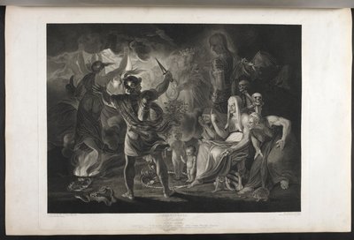 Macbeth.
Ato IV. Cena I.
Uma caverna escura. No meio, um caldeirão a ferver. Três bruxas. Macbeth. Hécate.
Macbeth enfrenta as bruxas e as aparições; a seus pés, dentro de uma serpente enrolada, estão uma criança pequena e ensanguentada e uma criança co de Joshua (after) Reynolds