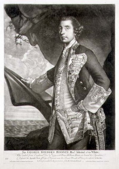 Retrato de Sir George Brydges Rodney (1719-92) Almirante do Branco, gravado por William Dickinson (1746-1823) pub. por Carington Bowles (fl.1744-93) (gravura) de Joshua (after) Reynolds
