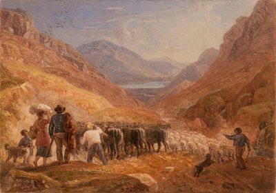 Pastores a conduzir gado bovino e ovelhas através da passagem de Tal-y-Llyn, País de Gales de Joshua Cristall