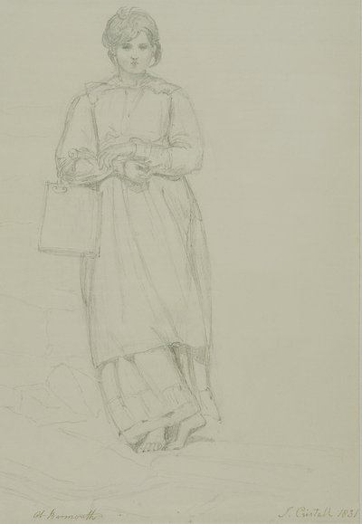 Menina jovem, segurando, lata leite, 1831, (graphite, ligado, wove, paper) de Joshua Cristall