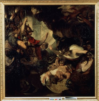 O Infante Hércules estrangulando as Serpentes Entre os personagens representados: o vidente Tirésias (esquerda) e a deusa Juno (Hera) com pavões (canto superior direito). Pintura de Sir Joshua Reynolds (1732-1792) de Joshua Reynolds