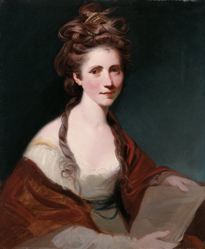 Retrato de Angelica Kauffmann, metade do comprimento em branco, vestindo um xale vermelho de Joshua Reynolds