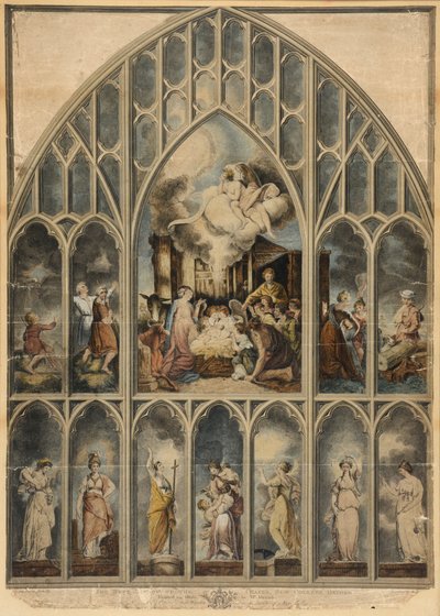 A janela de Reynolds retratando as sete virtudes (gravura colorida à mão) de Joshua Reynolds
