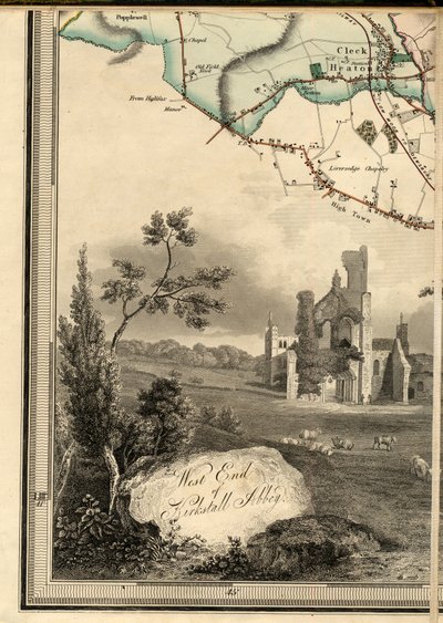 D1, Cleckheaton e gravura da extremidade oeste de Kirkstall Abbey de Joshua Thorp