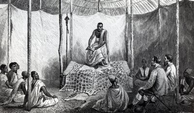 Primeira Lição de Kamrasi na Bíblia, ilustração de "Um Jornal da Descoberta da Fonte do Nilo", de John Hanning Speke, publicada em 1864 de Josiah Wood Whymper