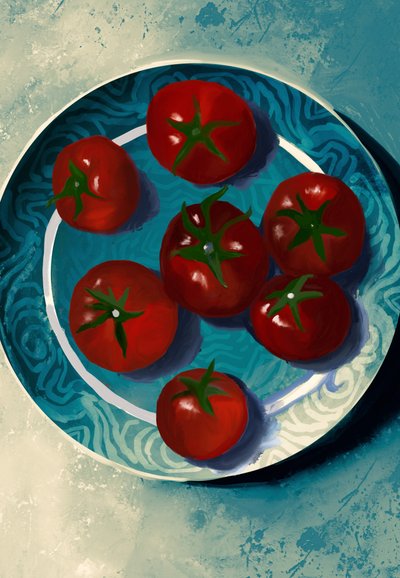 Natureza morta com tomates vibrantes de Josie George
