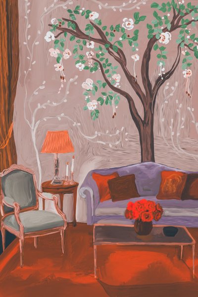 Sala de estar com decoração floral caprichosa de Josie George