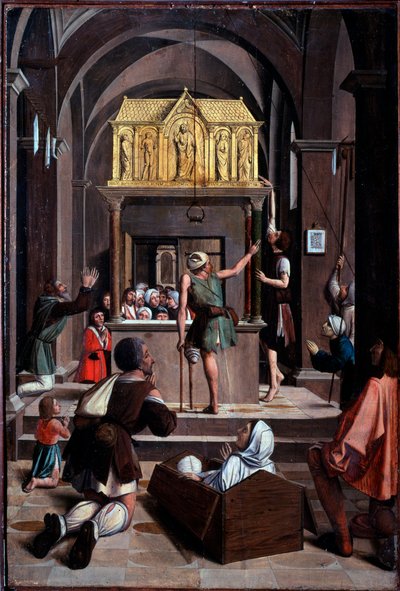Vida de São Sebastião: peregrinos sobre o túmulo de São Sebastião - óleo sobre madeira de Josse (fl.1493 1508) Lieferinxe