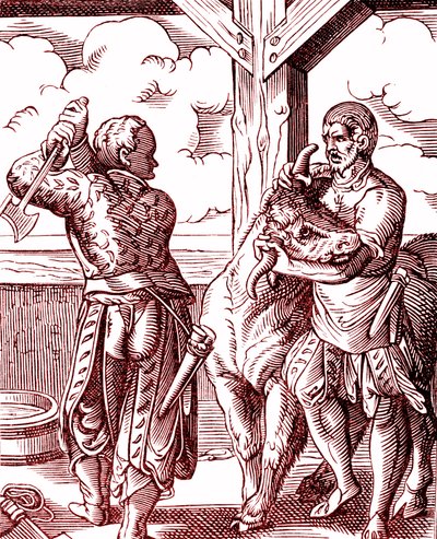 Um talhante - Comida e cozinha na Idade Média. Gravura de Jost Amman (1539-1591). Gravura de 1878 de Jost (after) Amman
