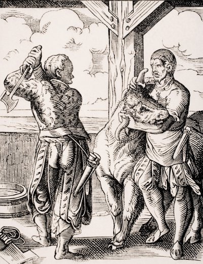 O Carniceiro e o seu assistente, reprodução de uma gravura do século XVI de Jost Amman (1539-91) de 