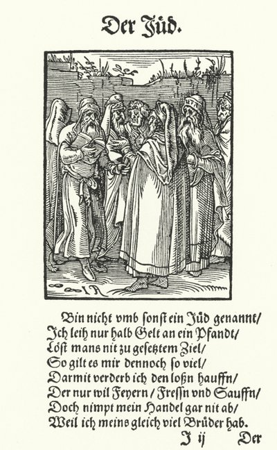O emprestador de dinheiro judeu (gravura) de Jost (after) Amman