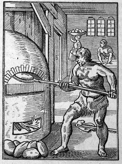 Um padeiro a cozer pão no forno. Gravura de Jost Amman (1539-1591) Século XVI. de Jost Amman