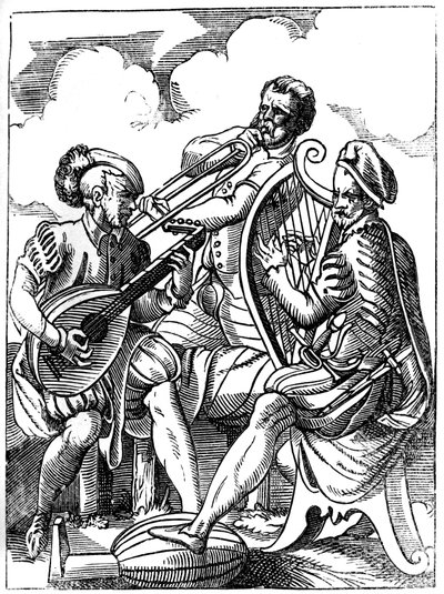 Um guitarrista, lutenista e trombone, século XVI, 1849. de Jost Amman