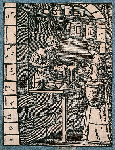 Um fabricante de lanternas trabalha na sua bancada, conversando com uma cliente que inspeciona uma lanterna acabada. Xilogravura de J. Amman. de Jost Amman