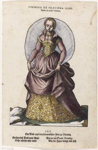 Adelijke vrouw em dracht Venetiaanse Uma mulher da mais alta nobreza da cidade veneziana / Ein Weib ausz dem fürnembsten Adel zu Venedig (título no objeto) O comportamento dos principais povos (...) (título da série) de Jost Amman