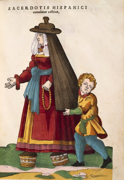 Concubina com criança. De Habitus praecipuorum popularum, por Jost Amman de Jost Amman