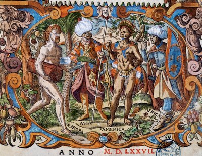 Quatro continentes, detalhe da página de título, gravura de Jost Amman (1539-1591) de Jost Amman