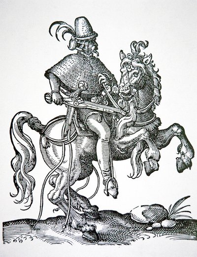 Soldado a cavalo com pistola de bloqueio de rodas, ilustração de 